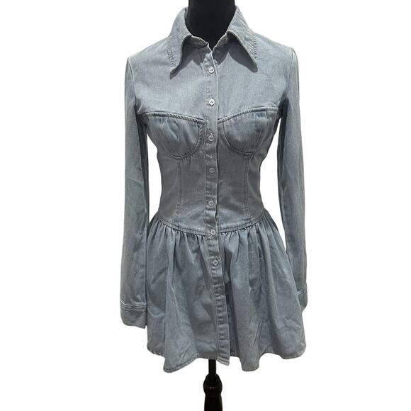 PLT Denim Corset Bustier Mini Dress Size 2 Vintage Wash Long Sleeve Peplum - Picture 2 of 14